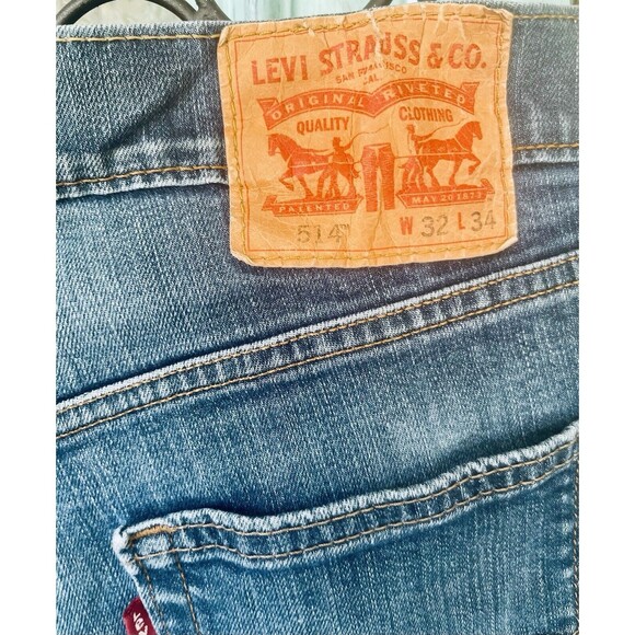 Levis 514 Mens 32x34 Medium Wash Distressed Straight Leg Denim Blue Jeans - Picture 11 of 13